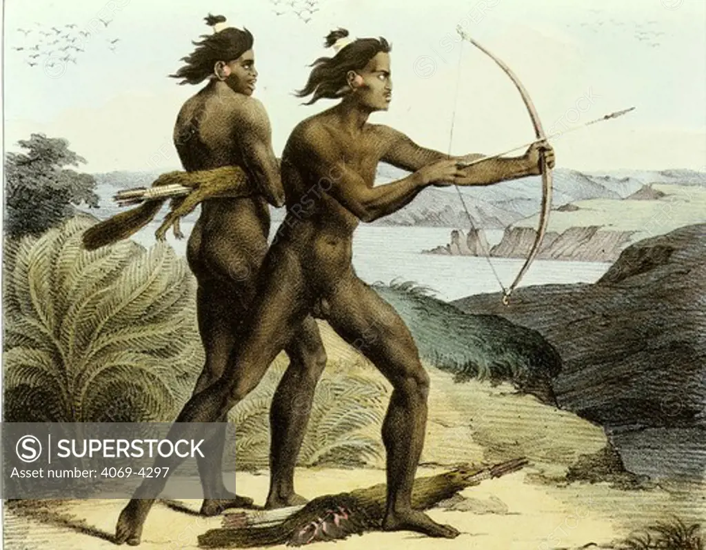 Cholovoni people hunting in San Francisco Bay, California, America, from Picturesque Travels around the World, 1822, by Otto von Kotzebue, 1787-1846 Russian naval officer who circumnavigated the earth three times