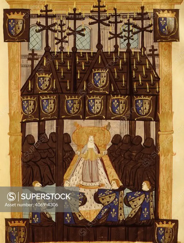 Funeral effigy of ANNE, 1477-1514 Queen of Brittany, in Chapelle Ardente inside cathedral, from manuscript of Funeral of Anne of Brittany