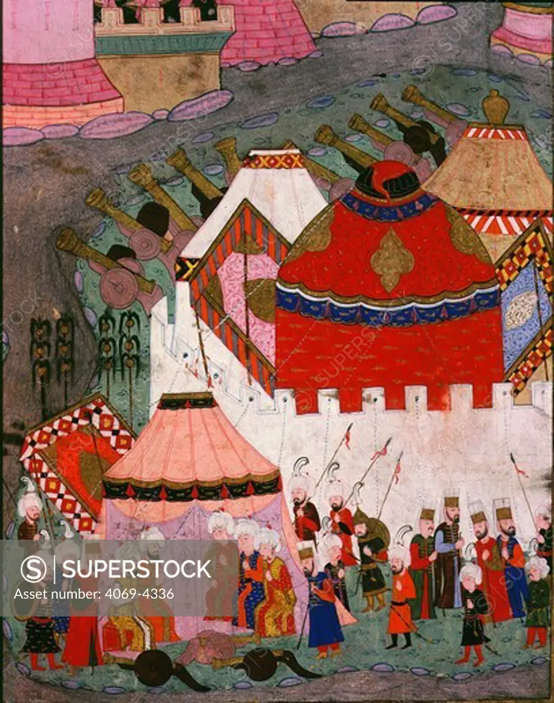 Attack on Vienna, Austria, 27 September 1529 by army of Suleiman the Magnificent , 1588 Ottoman manuscript Hunername, vol II devoted to military campaigns of Suleiman the Magnificent, 1494-1566 Ottoman sultan, by Loqman (detail of Ottoman tents)