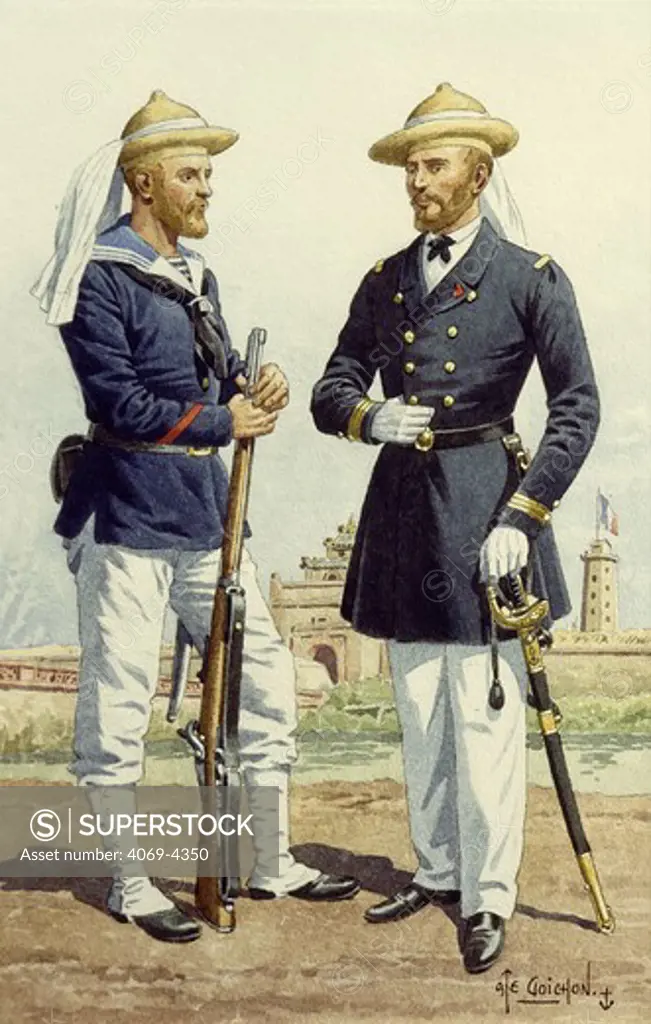 French naval lieutenant and sailor, from landing companies in China, 1862 watercolour by Goichon
