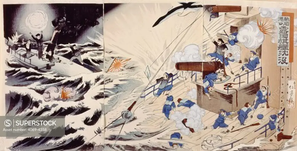 Russian ship sinking during naval engagement at Losiu, China, 10 March 1904 (Russo-Japanese War, 1904-5), Japanese engraving