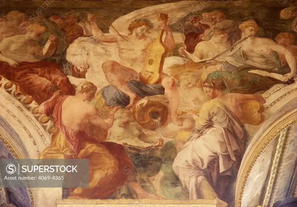 Apollo and the Muses, fresco, Ballroom of Henry II, 1519-59 King of France, Chteau de Fontainebleau, France, started by Gilles le Breton under Francis I, completed by Philibert Delorme under Henry II, with decoration and frescos c. 1552 by Francesco PRIMATICCIO, 1504-70 and Niccolo dell'Abate