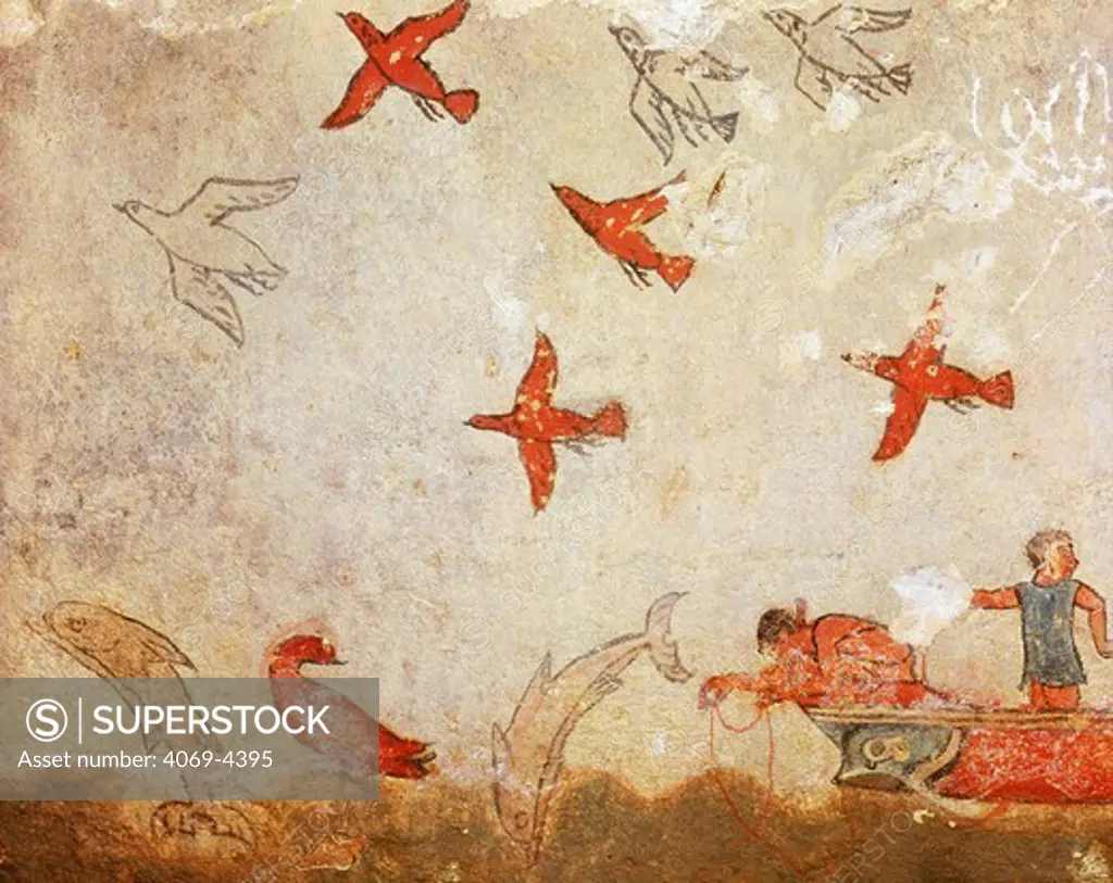 Hunting birds and fishing scene, fresco, Tomb of Hunting and Fishing 550-520 BC Etruscan, Tarquinia, Italy