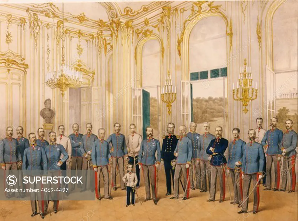 Emperor FRANZ Josef 1830-1916 with the Austrian Chiefs of Staff in the salon of Schonbrunn Palace, lithograph by Katzler 1863