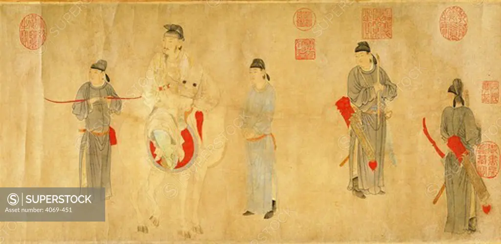 Emperor Xuanzong, 712-756, watching his favourite concubine, Yang Guifei, mount a horse, Tang dynasty scroll, Chinese, right side of composition