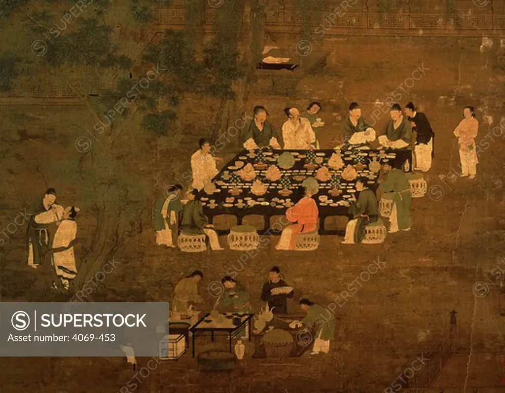 Scholars meeting in garden to enjoy food and conversation, Chinese painting attributed to 12th century Emperor Huizong, detail