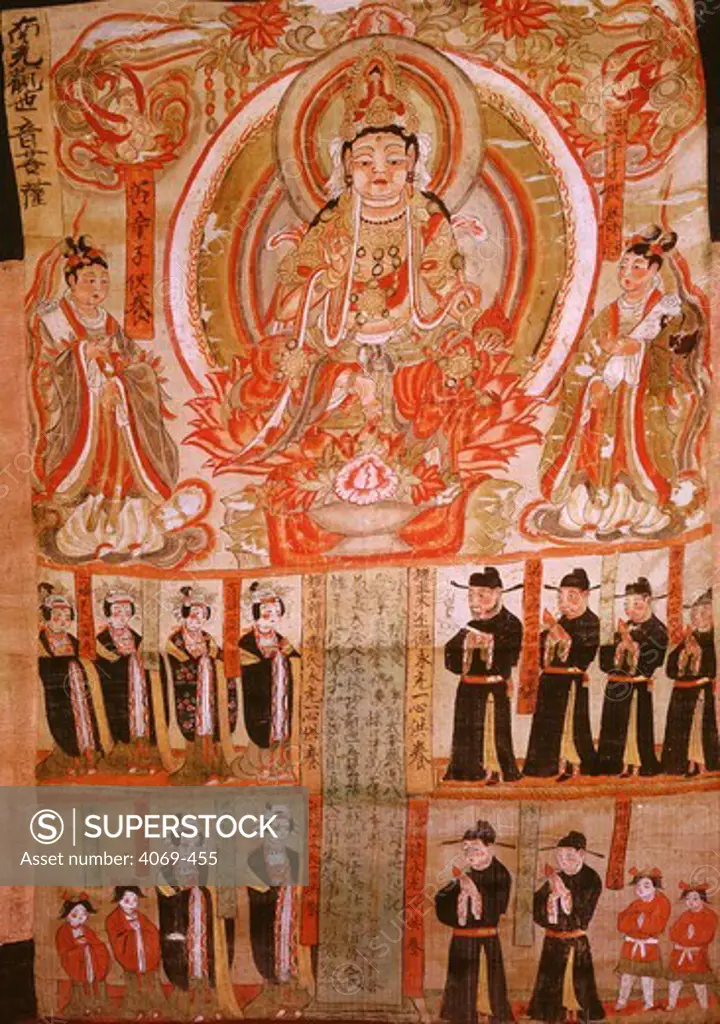 Bodhisattva Guanyin being worshipped by the donor of the painting, Chinese painting, 10th century, from the Dunhuang Caves