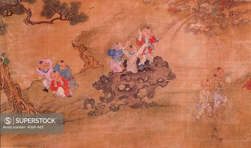 Children pulling faces and playing games, from 100 Children At Play scroll, Ming Period, 16th - 17th century, China, detail