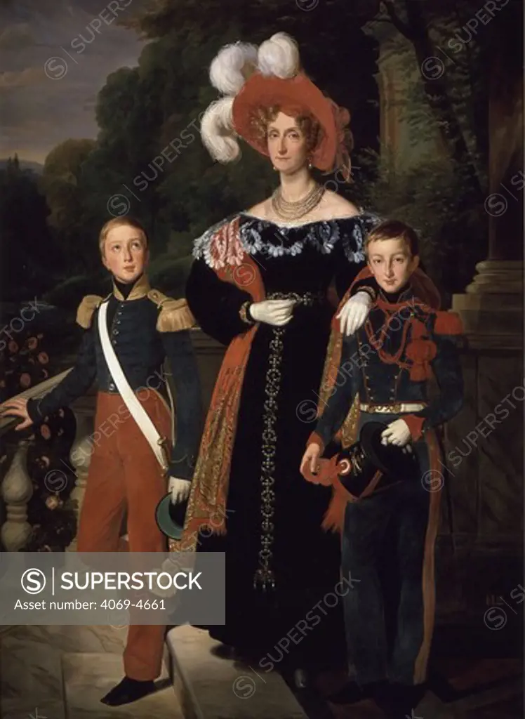 MARIE Amelie of Bourbon, 1782-1886 queen of Louis Philippe, King of France, with two of her sons, Aumale and Montpensier, painted 1836
