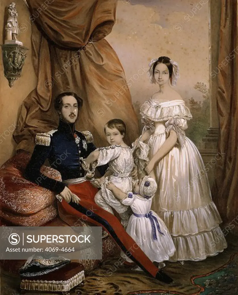 FRANCIS Ferdinand Philippe d'Orlans, Prince of Joinville, 1818-1900, French admiral, third son of Louis Philippe, King of France, with his wife Francesca and their children, before 1848 revolution and exile, engraving by F. Grenier called The last days of happiness