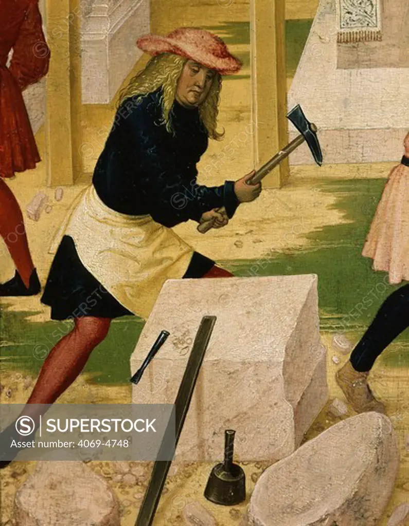 Stonemason, from Construction of Klosterneuburg monastery, with Leopold III, c.1073-1136 Margrave of Austria and saint, c. 1507 painting (detail)