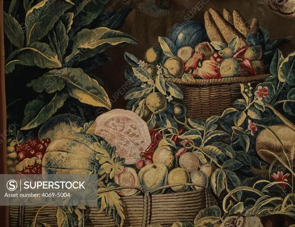 Exotic fruits, from Bird hunt in West Indies, tapestry, 18th century French Gobelins manufacture, from series commissioned by Knights of Malta (Order of Hospitallers of Saint John) (detail)