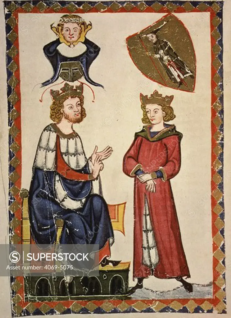 HENRY VI, 1165-97 German and Holy Roman Emperor, and his son Conrad, folio 8R of facsimile Manesse Codex, 1305-40