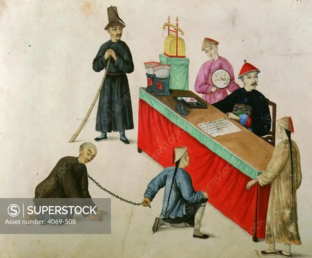 Prisoner on trial, from Album of Punishments, Chinese painting, 19th century