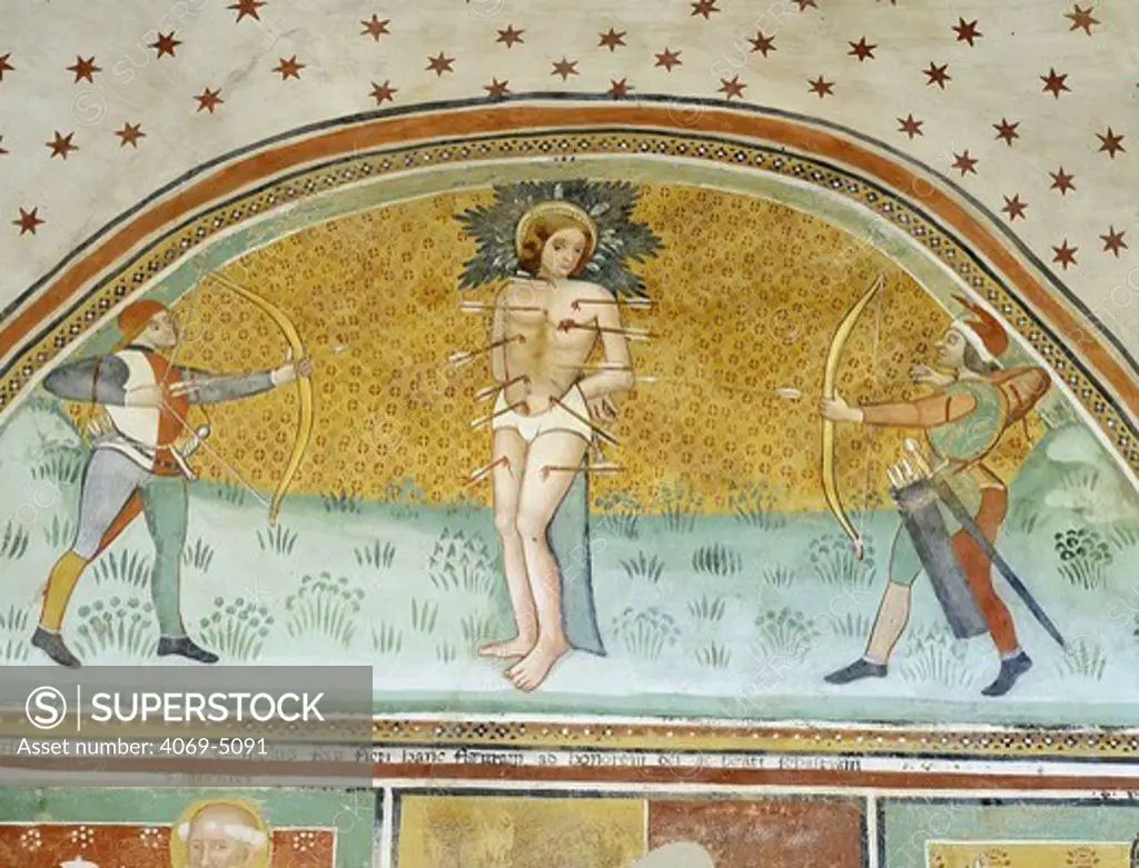 Martyrdom of Saint SEBASTIAN, Roman soldier c.288, fresco, 14th century, church of San Antonio