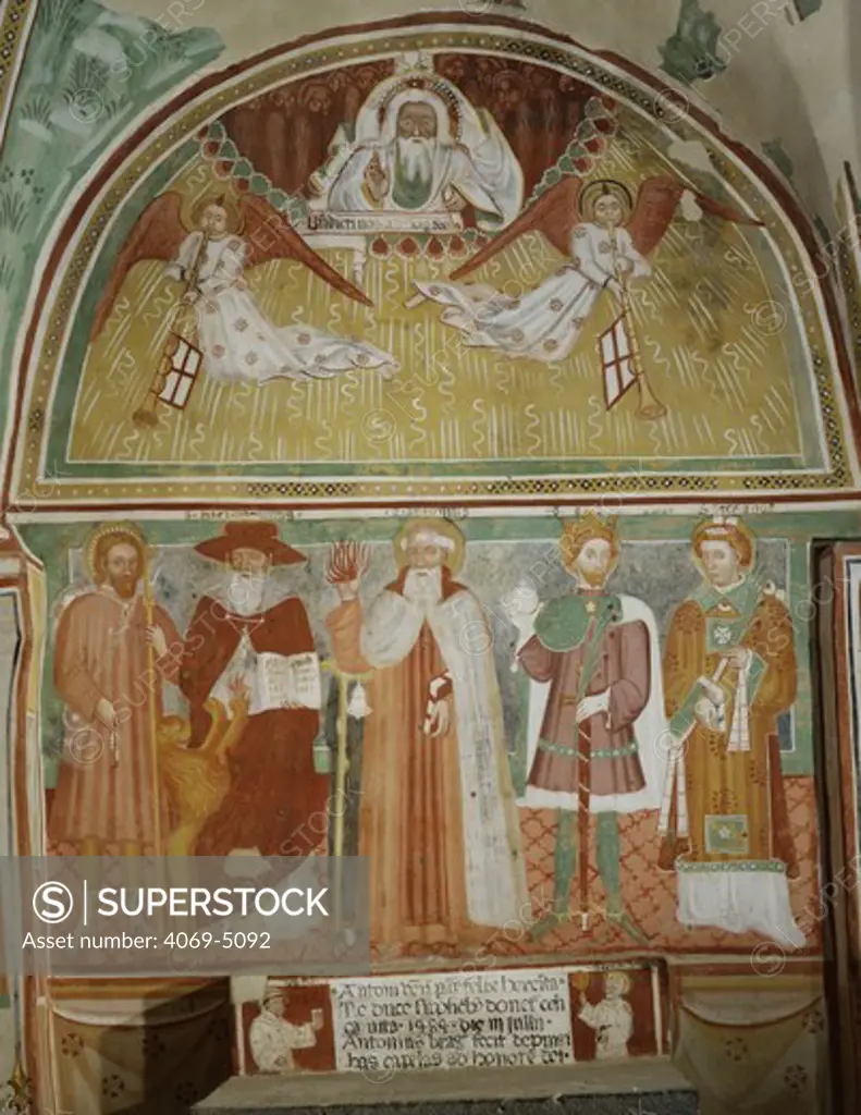 God the Father with two angels, Saints Anthony of Egypt, Jerome, Sigismund and Stephen, fresco,1484, school of Baxilio brothers, San Antonio church