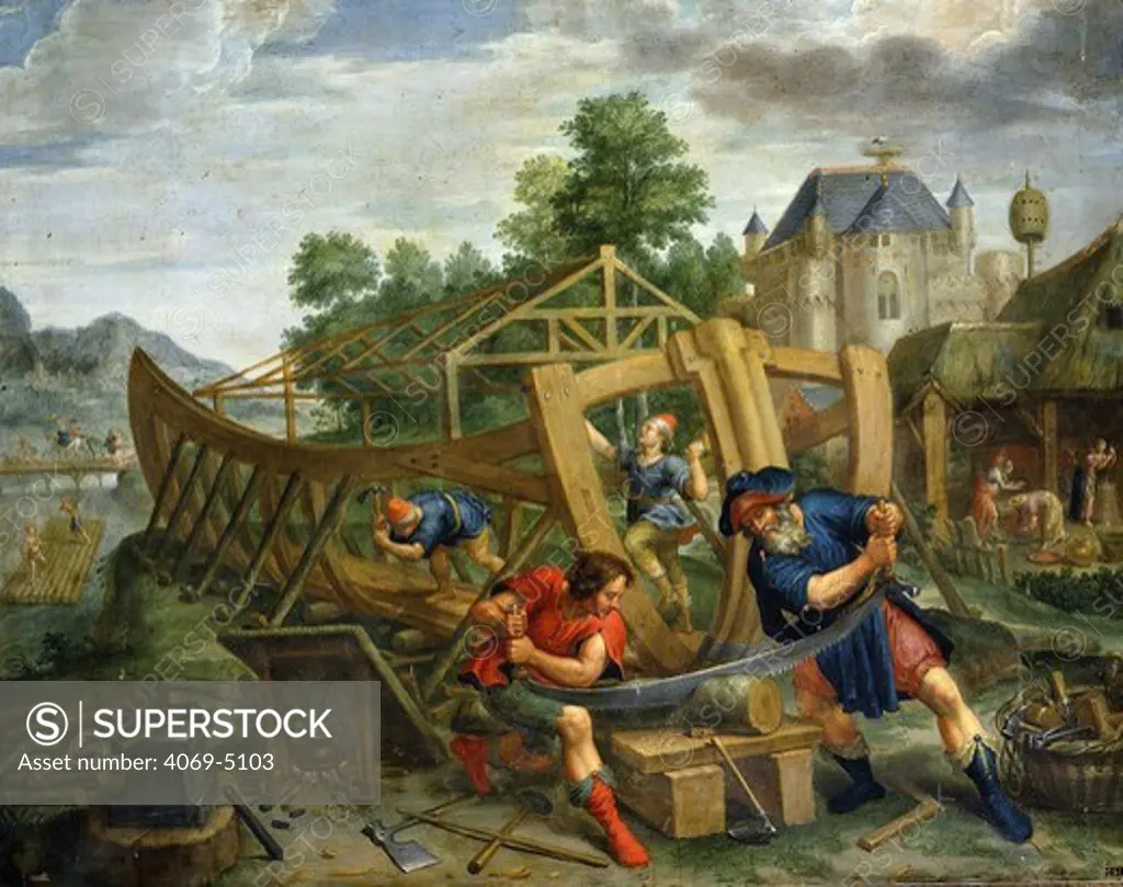 Building the Ark, 17th century painting on copper