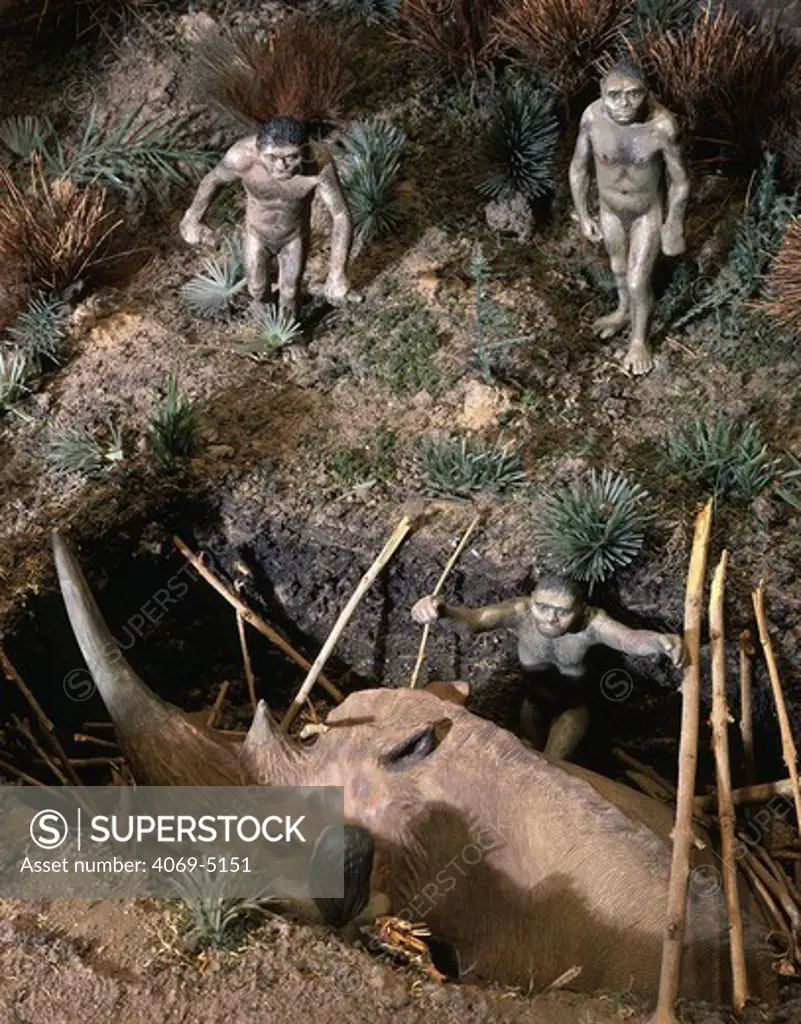 Hunters in Lower Paleolithic era, reconstruction