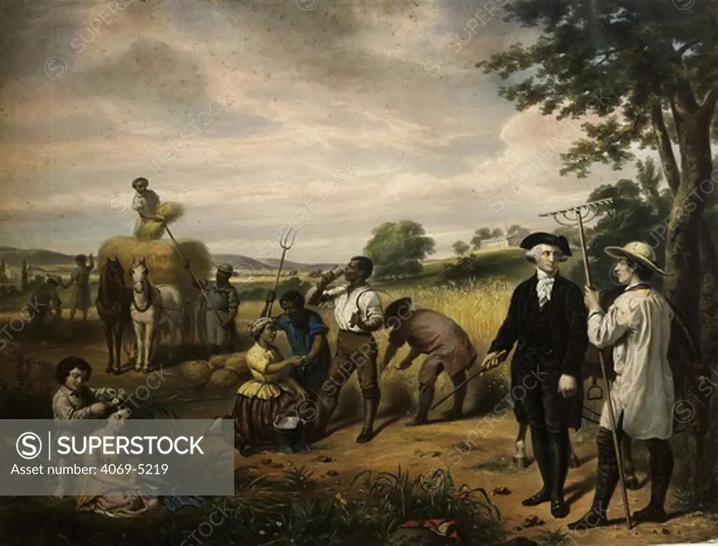George WASHINGTON surveying his agricultural workers at Mount Vernon, early 19th century lithograph