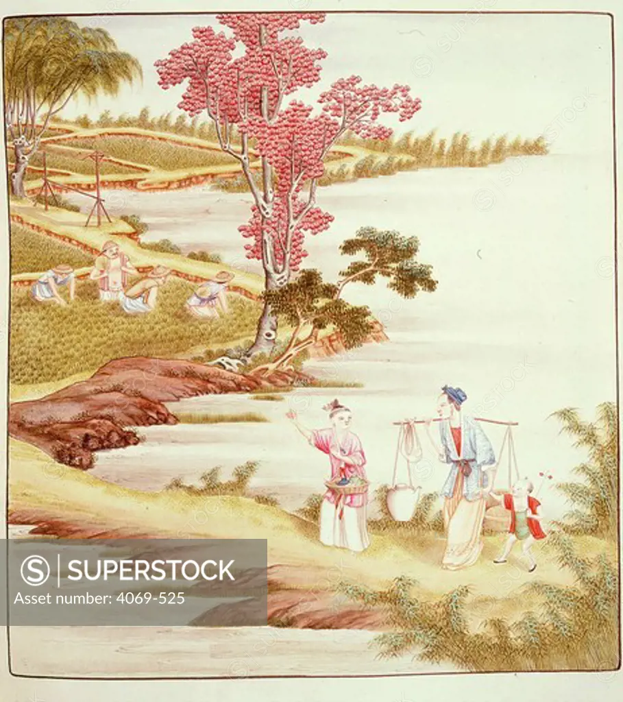 Tea planting and family with tea pot by unknown Chinese artist, 19th century