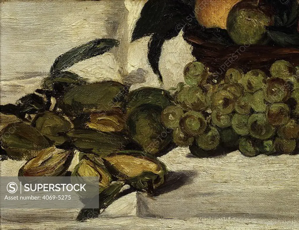 Nature morte, fruits sur une table, Still life with fruit, grapes, peaches and almonds, 1864, detail