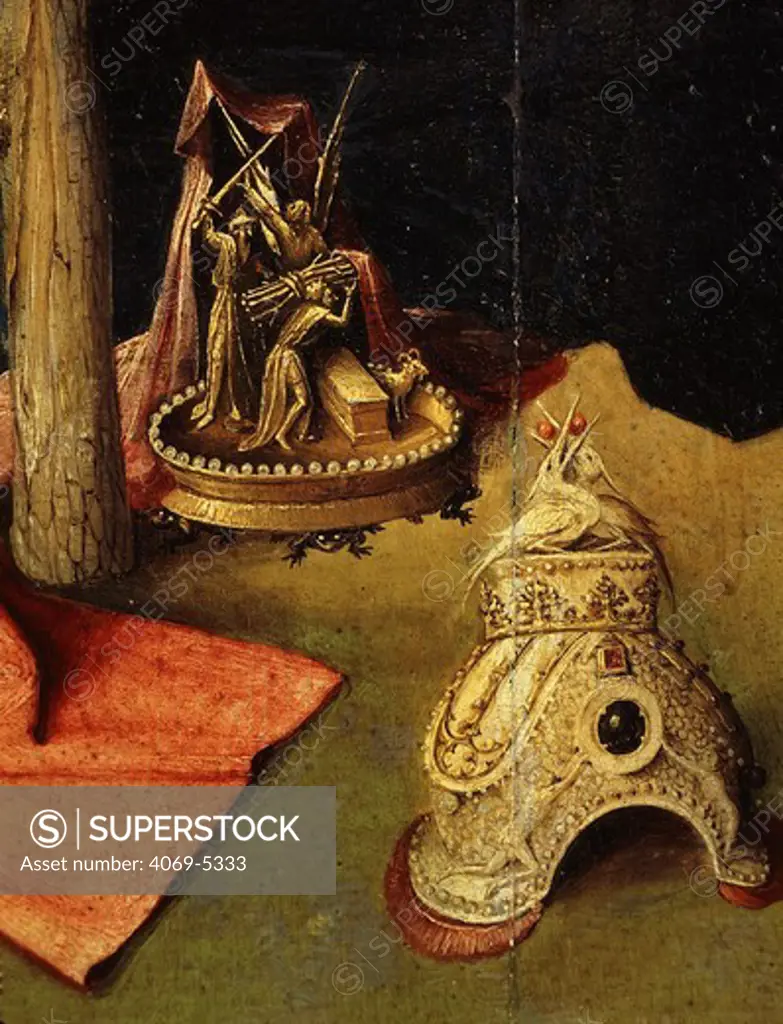 Crown and sculpture of Sacrifice of Isaac (gifts of the Magi, in foreground), from Adoration of the Magi, tripytch, c.1495 (with donors Scheyven and Patron saints Peter Agnes and Joseph) (detail)