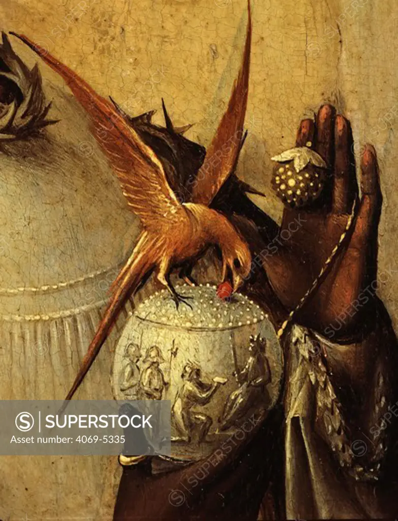 Bird perching on jewelled globe, from Adoration of the Magi, tripytch, c.1495 (with donors Scheyven and Patron saints Peter Agnes and Joseph) (detail)