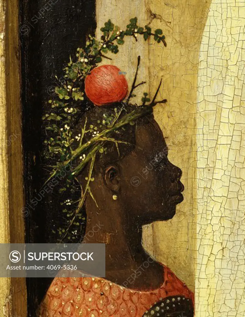 Young black page of King Gaspard with apple on head, from Adoration of the Magi, tripytch, c.1495 (with donors Scheyven and Patron saints Peter Agnes and Joseph) (detail)