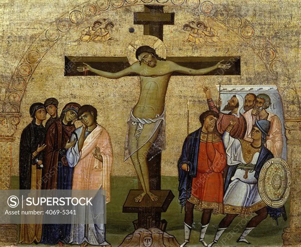 The Crucifixion, from Life of Christ, early 11th century panel painting, fragment of plaque surmounting epistyle or architrave (118 x 44 cm) (detail)