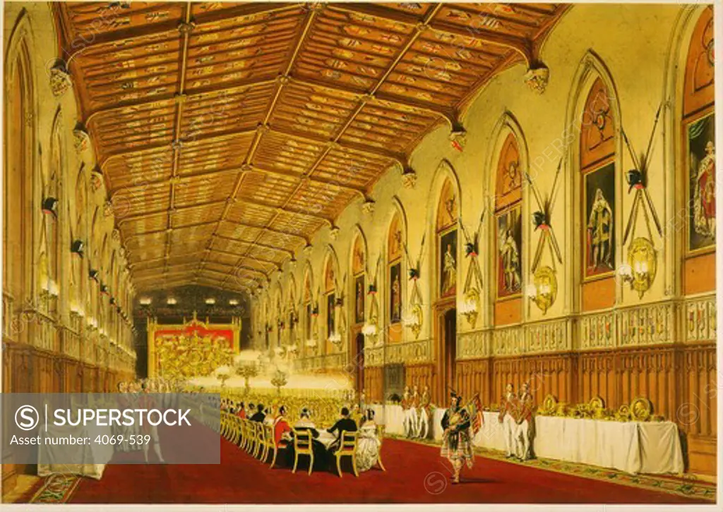The Garter banquet in 1844, Queen Victoria sitting with King Louis Philippe in St George's Hall at Windsor Castle, from Views of Windsor Castle, 1848