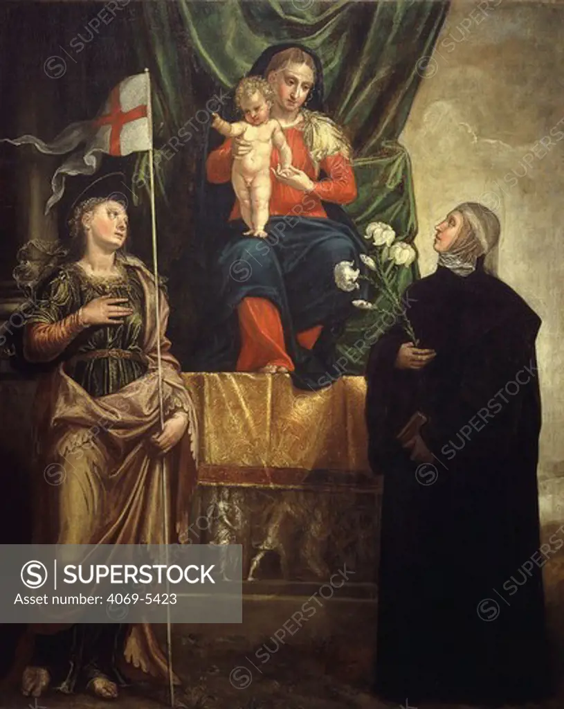 Madonna and Child flanked by Saint Ursula, 4th century virgin, and Saint Scholastica, d. 543 sister of St Benedict and first Benedictine nun, from Convent of Saint Catherine
