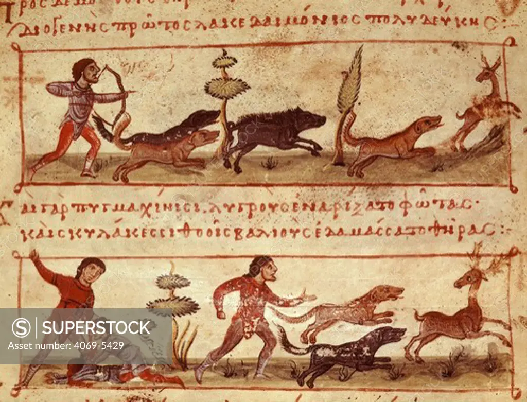 Stag hunt, from the Oppian Manuscript, 11th century Greek