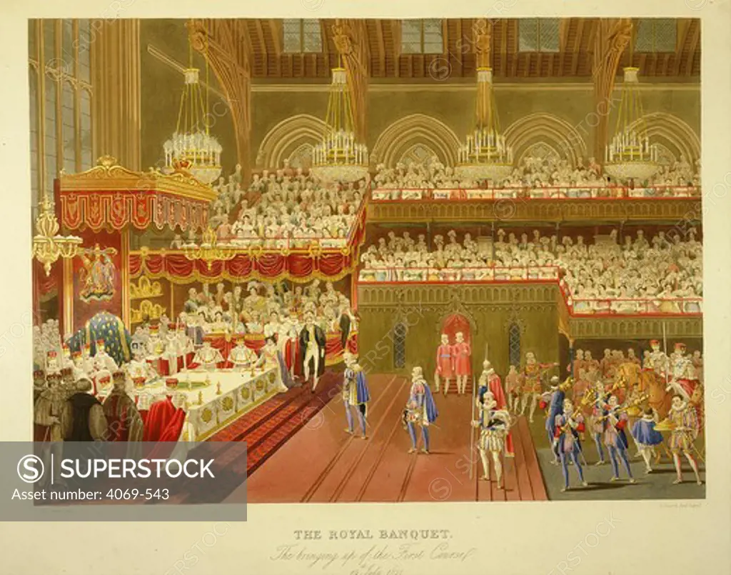 The Royal banquet for King George IV, 1769-1830, in Westminster Hall, servants bringing up the 1st course, after the coronation on July 19, 1821, from Book of the Coronation of King George IV, 1839, by G. Naylor