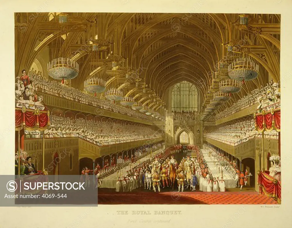 The Royal banquet for George IV, King of England 1769-1830, in Westminster Hall, during the 1st course, after the coronation on July 19, 1821, from Book of the Coronation of King George IV, 1839, by G. Naylor