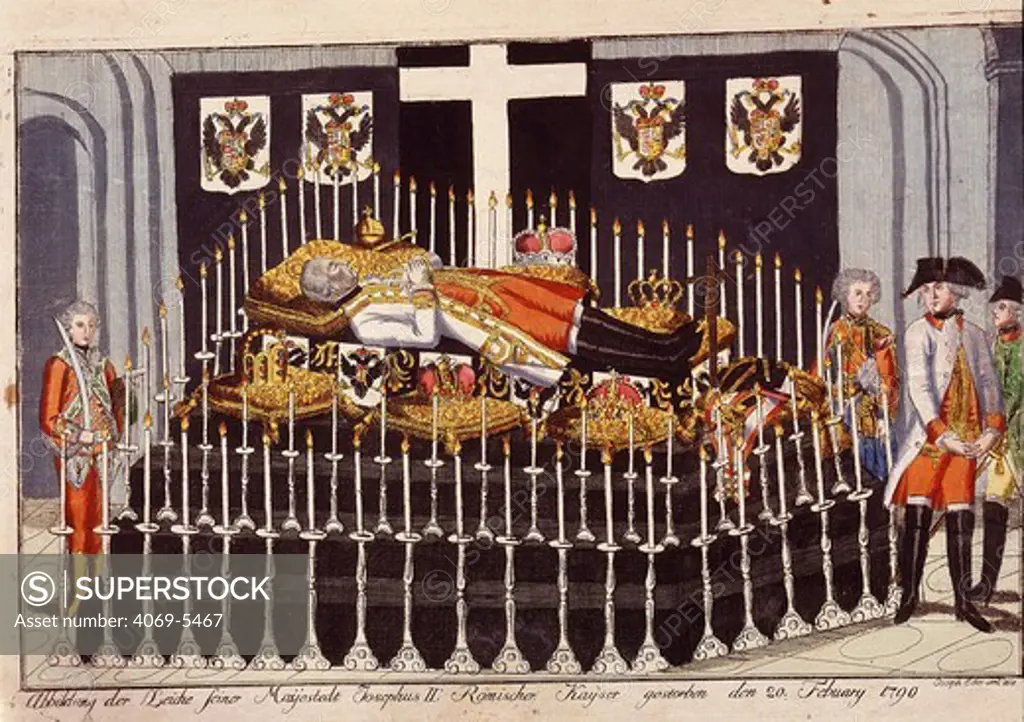 Body of JOSEPH II, 1741-90 Holy Roman Emperor, Emperor of Austria, King of Hungary and Bohemia, died 20 February 1790, 18th century engraving