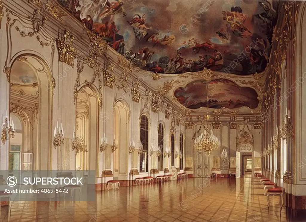 Mirror gallery, Schnbrunn Palace, built 1696-1711, Vienna, Austria, 19th century engraving