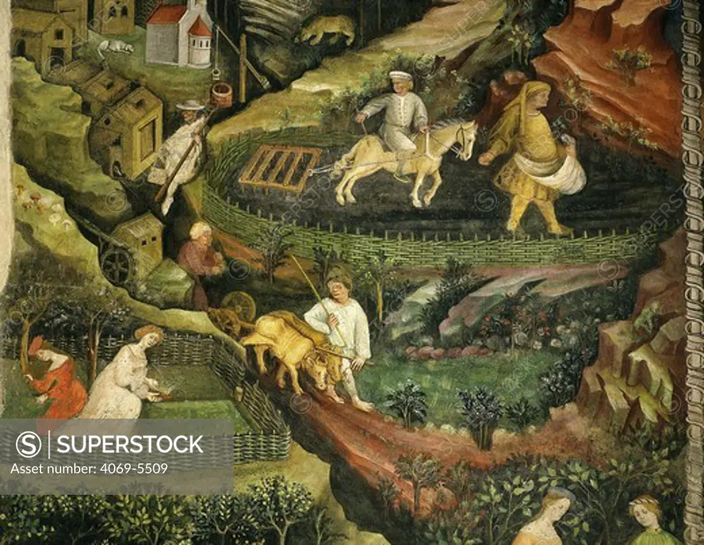 April or Aries with ploughing with oxen, women in garden and rabbits in forest fresco from Cycle of Months c.1400 Buonconsiglio Castle (detail)