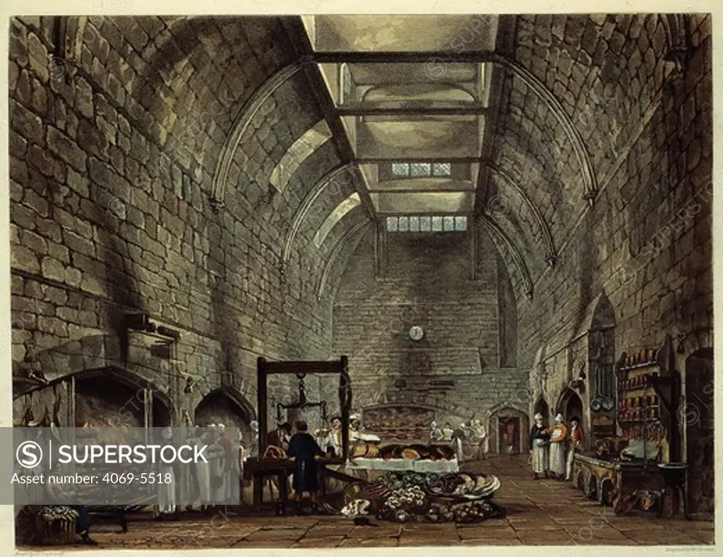 Ancient kitchen, engraving from Windsor Castle, History of the Royal Residences, 1816, by W H Pyne