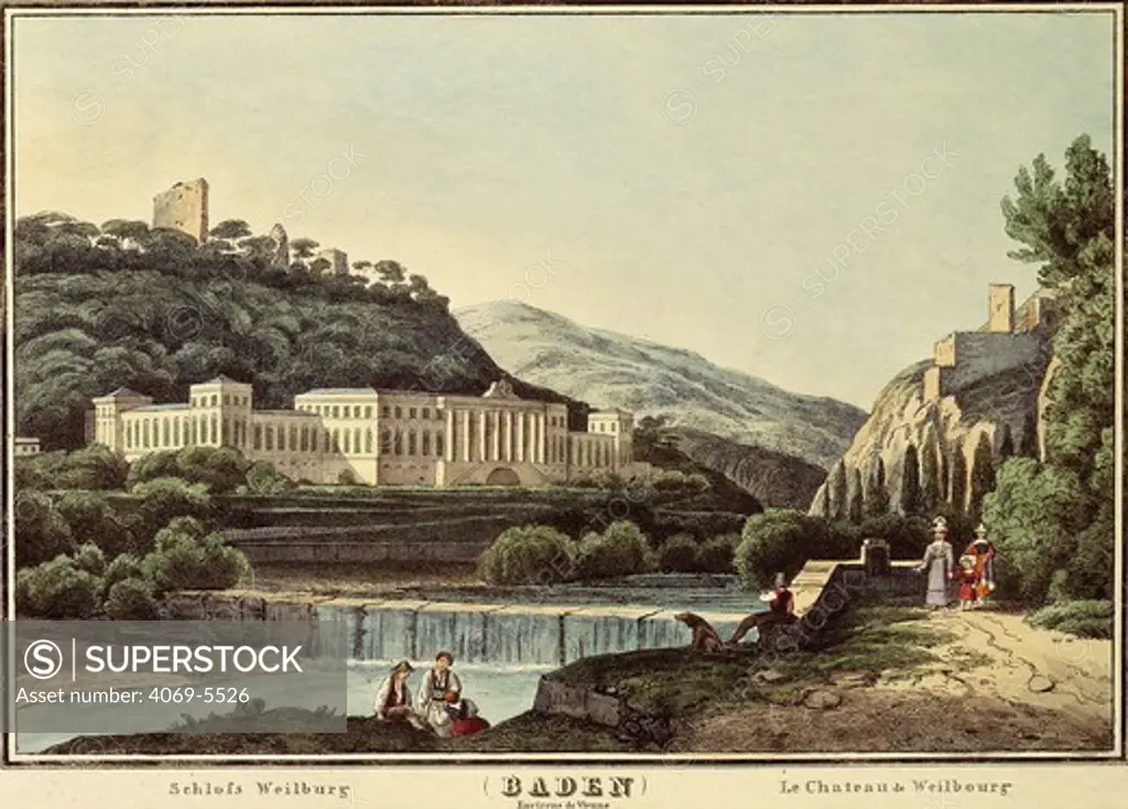 Weilburg castle, Baden, near Vienna, Austria, early 19th century engraving