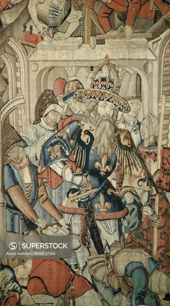 CHARLEMAGNE, 747-814, Frankish King from 768, visiting a building site, tapestry, 15th century Flemish