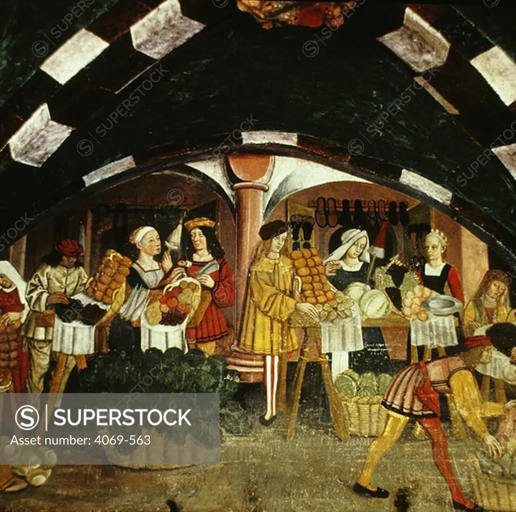 Vegetable market scene, Gothic lunette fresco from Issogne Castle, Valle Aosta, northern Italy, 15th century