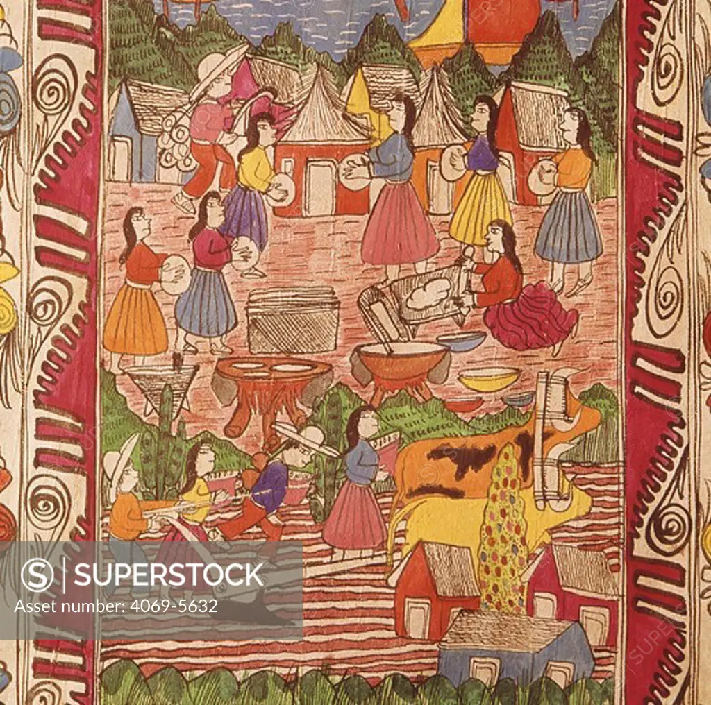 Mexican country life, folk art on wooden sheet, 20th century