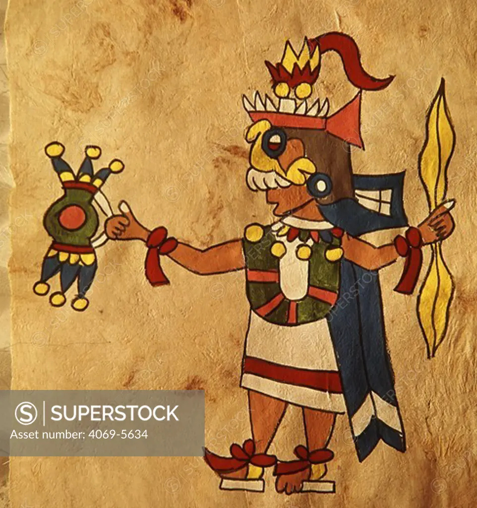Tlaloc, god of rain, folk art on wooden sheet, Mexican, 20th century