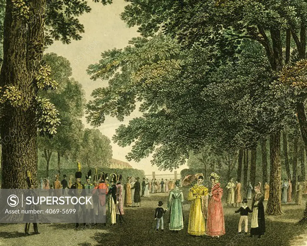 The Augarten, Vienna, Austria, oldest baroque garden in Vienna, cultural and social meeting-place in 18th and 19th centuries, 1823 engraving (detail)