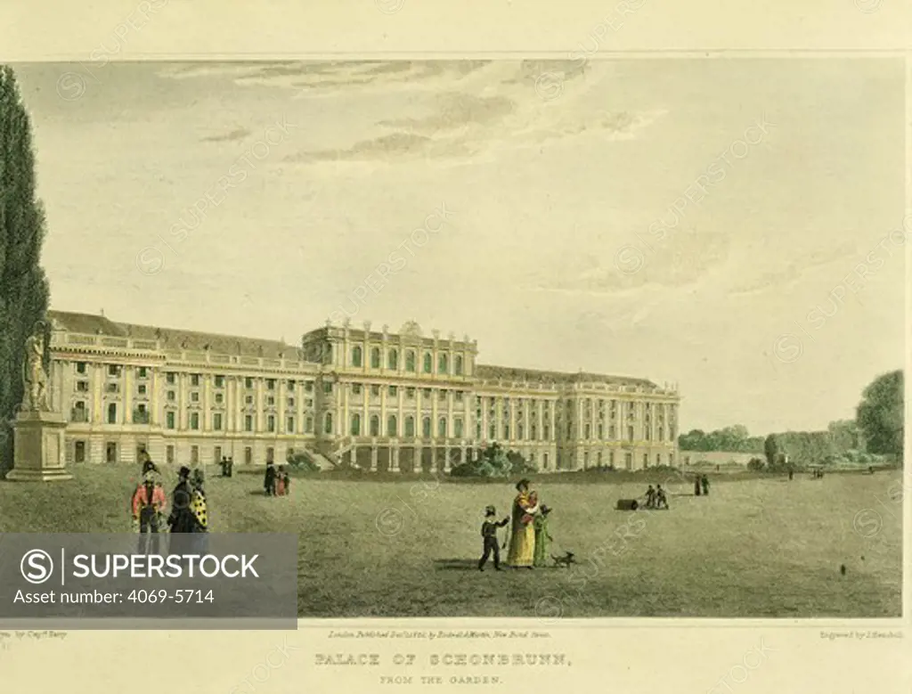 Schonbrunn Palace, Vienna,Austria, built 1696-1711, 1822 engraving