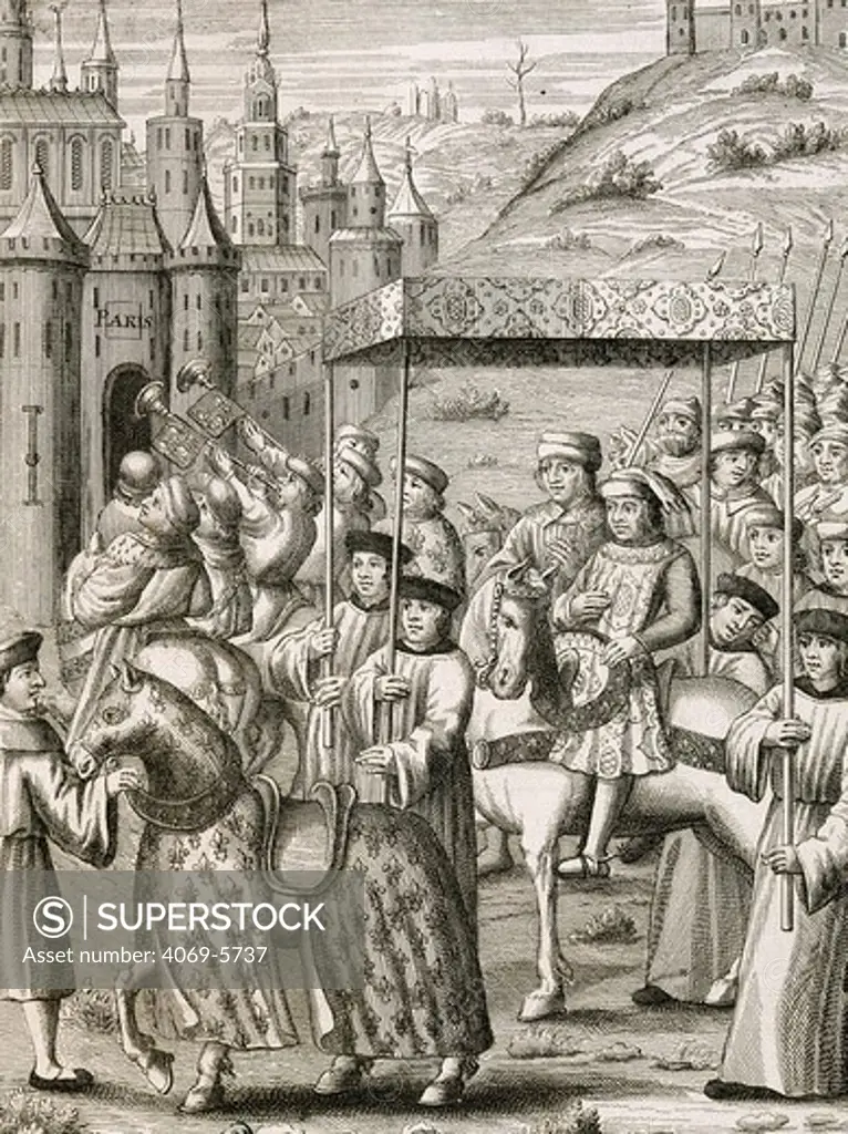CHARLES VII, 1403-61 King of France, entering Paris, France, 1437, engraving after the Chronicles of Monstrelet