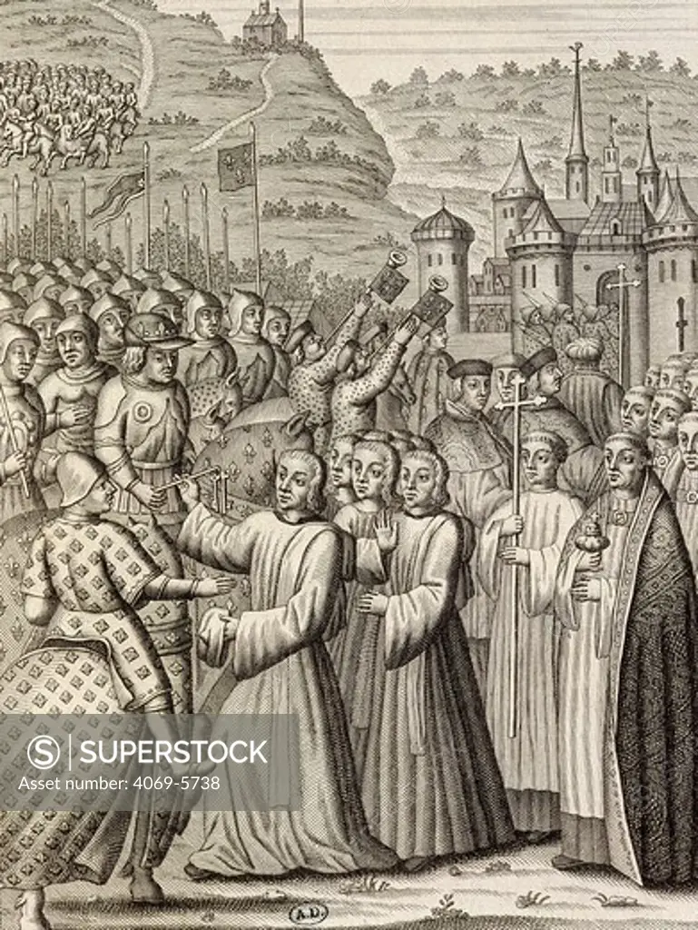 CHARLES VII, 1403-61 King of France, entering Rouen, France, 1450, engraving after the Chronicles of Monstrelet
