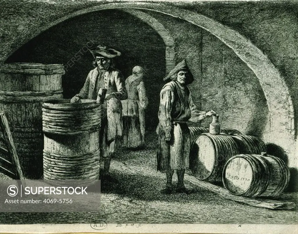 Wine cellar, 1770 French engraving by Boissieu