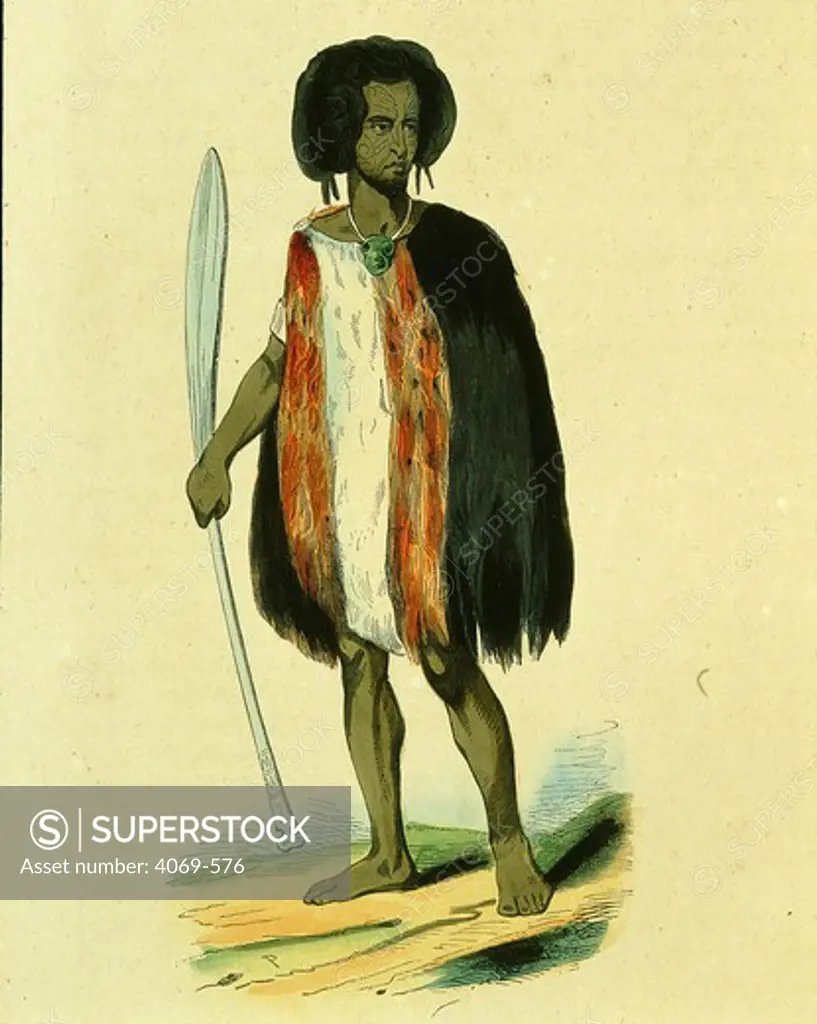 Souraki warrior from New Zealand from N. Dally, Customs and Costumes of the Peoples of the World, Turin 1845
