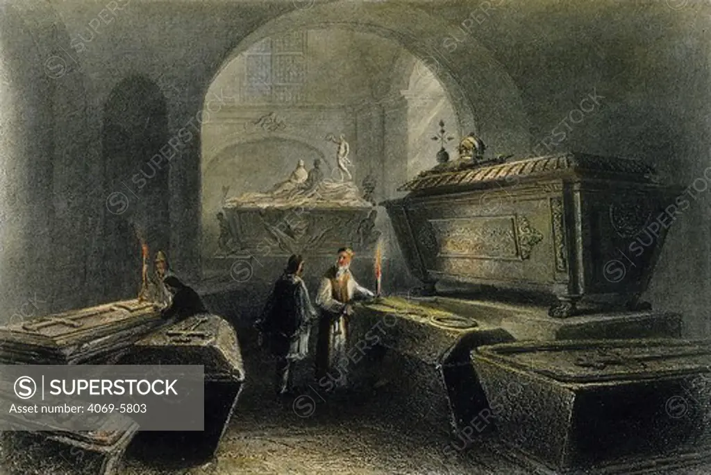 Vault of the Austrian Imperial family (Capuchin crypt), Vienna, Austria,19th century engraving